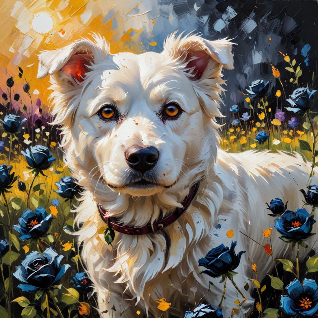 White Dog in Field of Black Roses: Impressionism