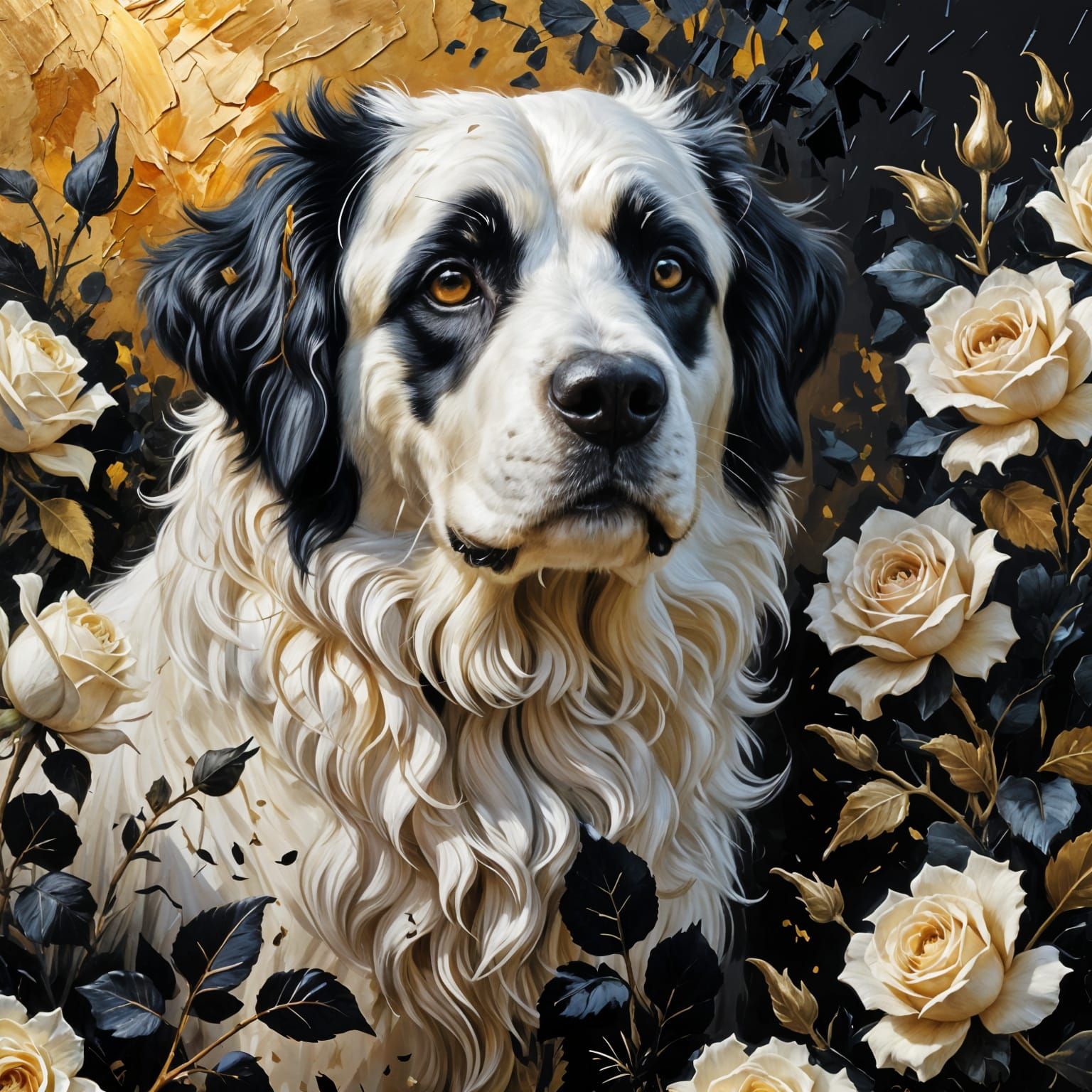 Landseer Dog Among Black Roses: Expressionist Impasto Painti...