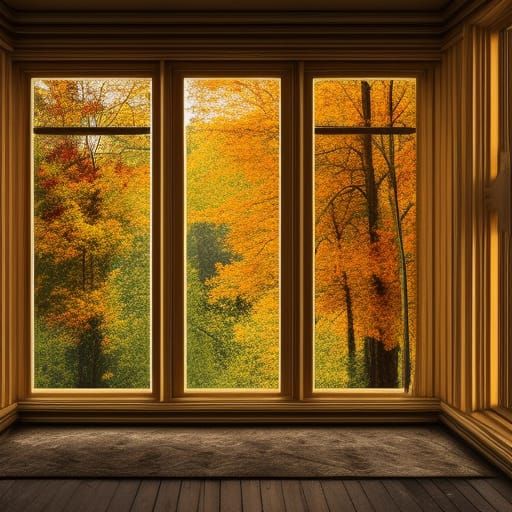 Luxury Solarpunk Living Room with Autumn Forest View
