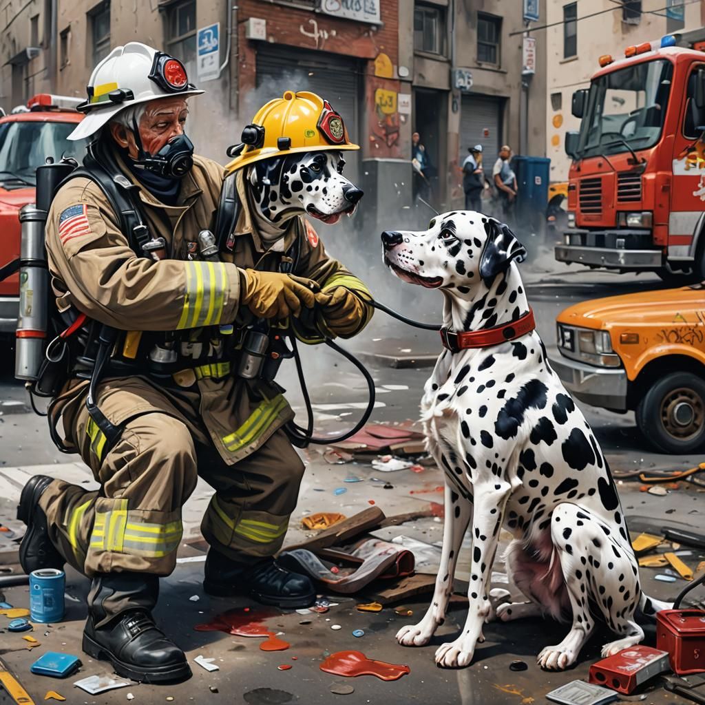 Heroic Dalmatian Firefighter Graffiti Art Rescue