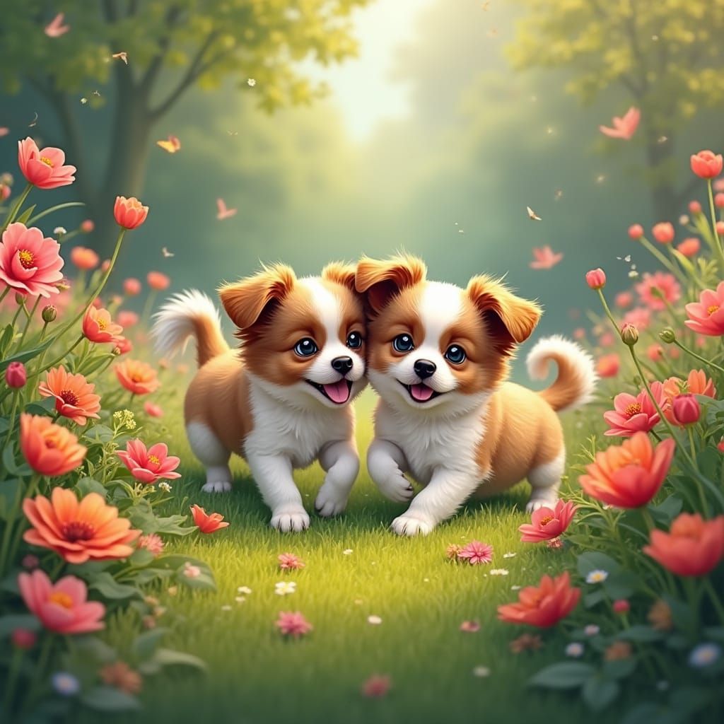 Papillon Puppies Play in Vibrant Flower Garden