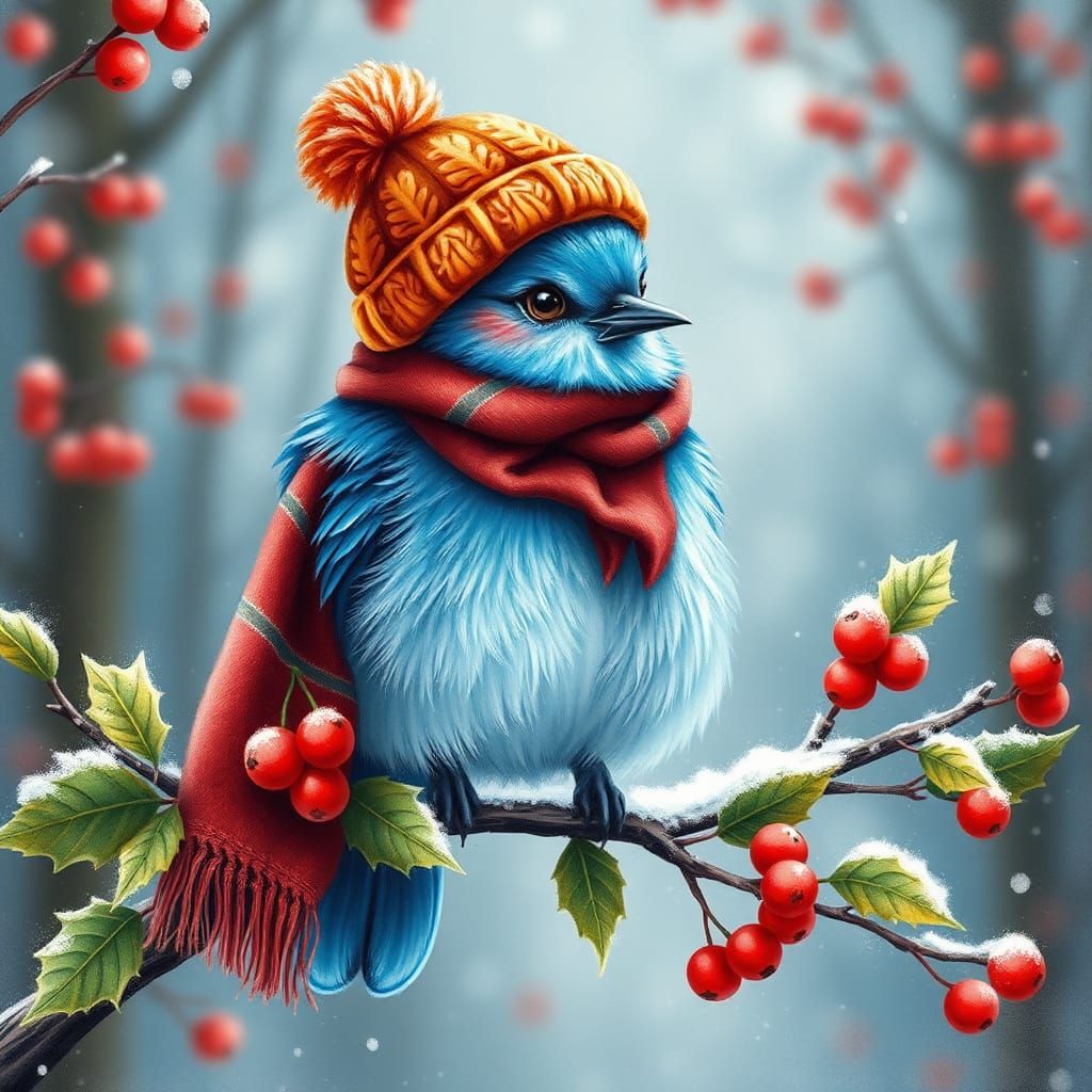 Bluebird in Fall Clothes on Holly Branch, Gouache Style