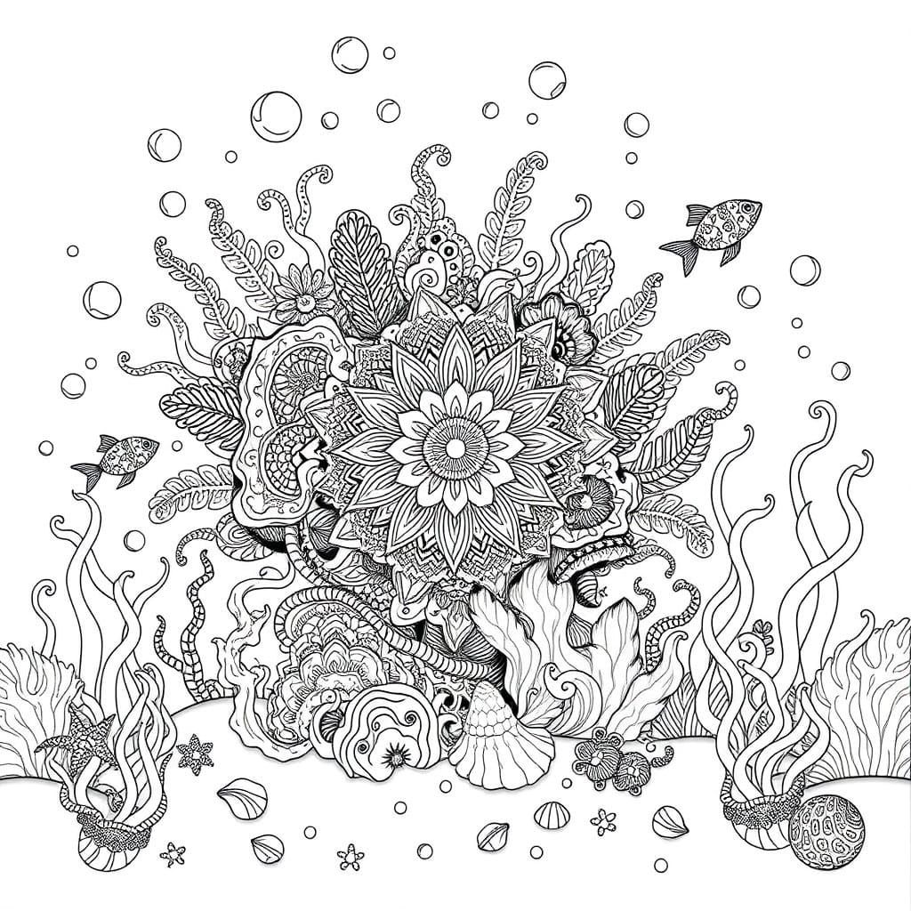 Whimsical Underwater World in Black and White Line Drawing