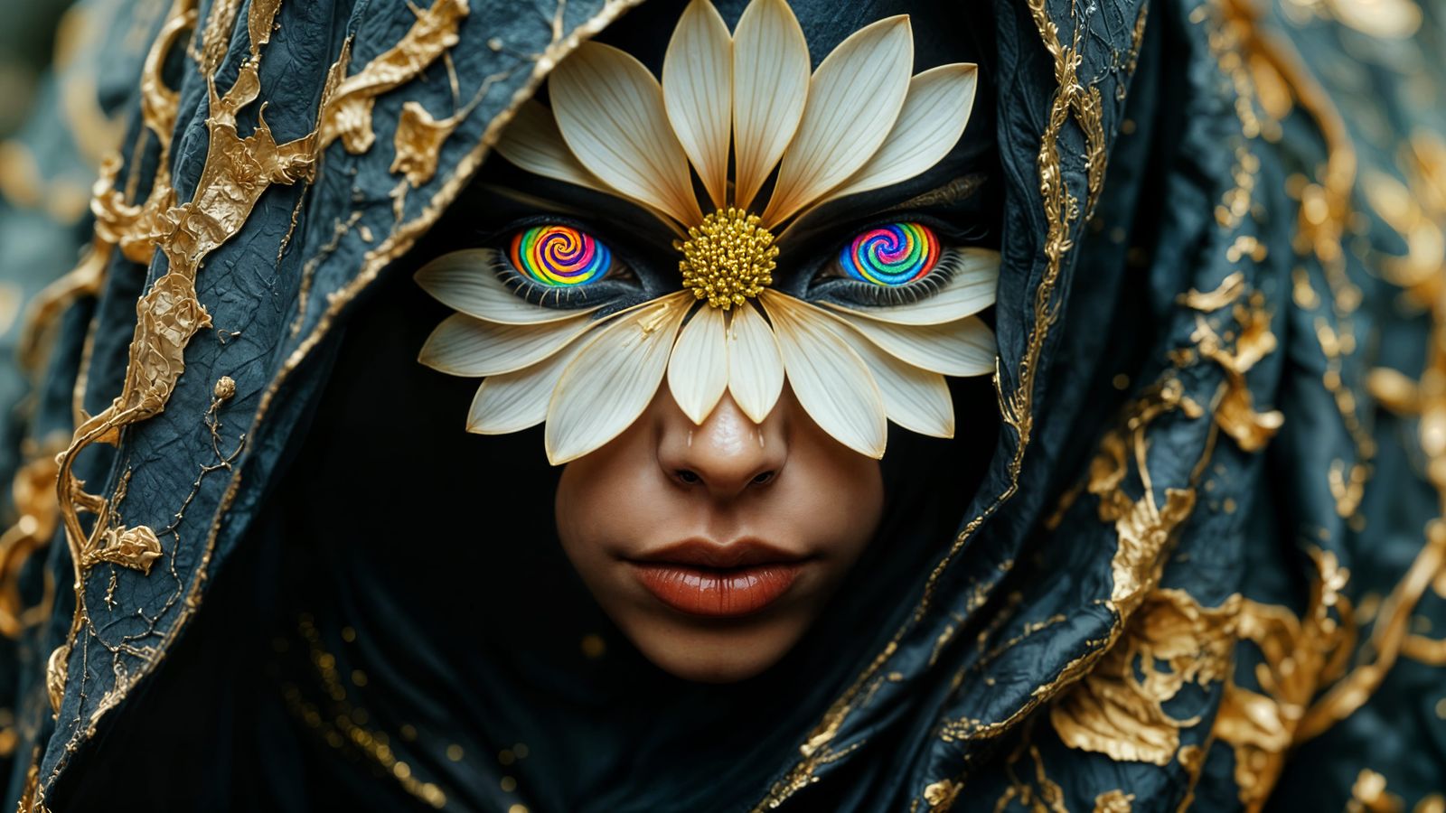 Woman With Petal Irises and Swirling Sclera