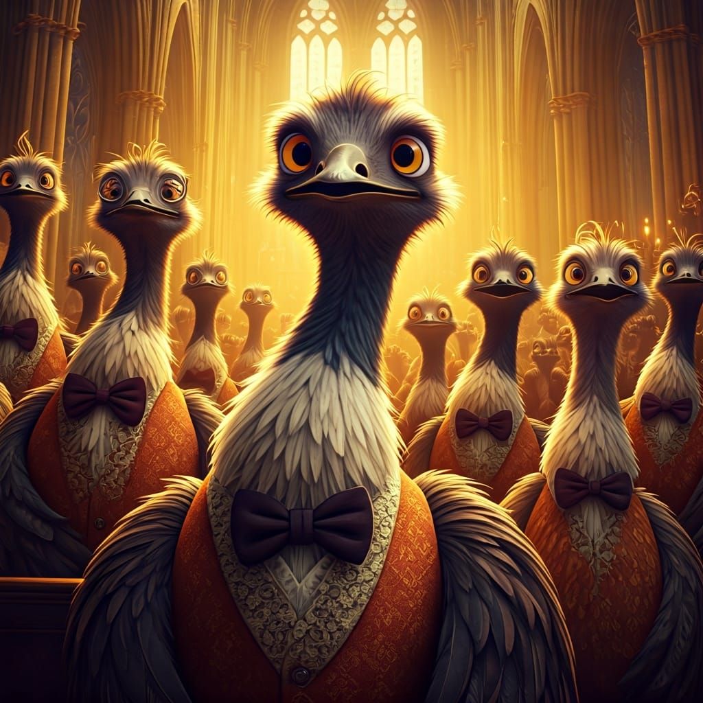 Emu Choir Singing Joyfully in Ornate Cathedral
