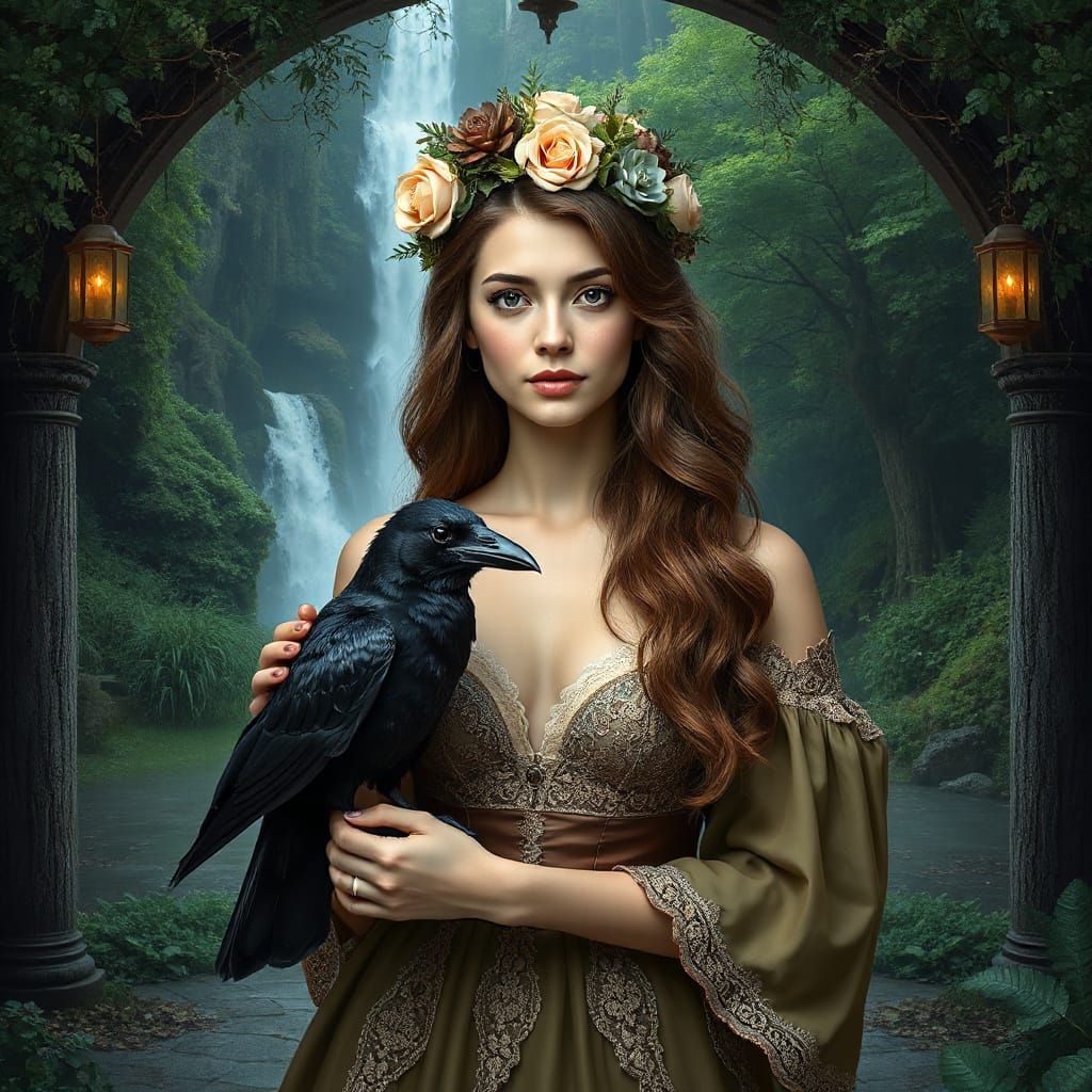 Beautiful Woman with Flower Crown and Raven in Enchanted For...