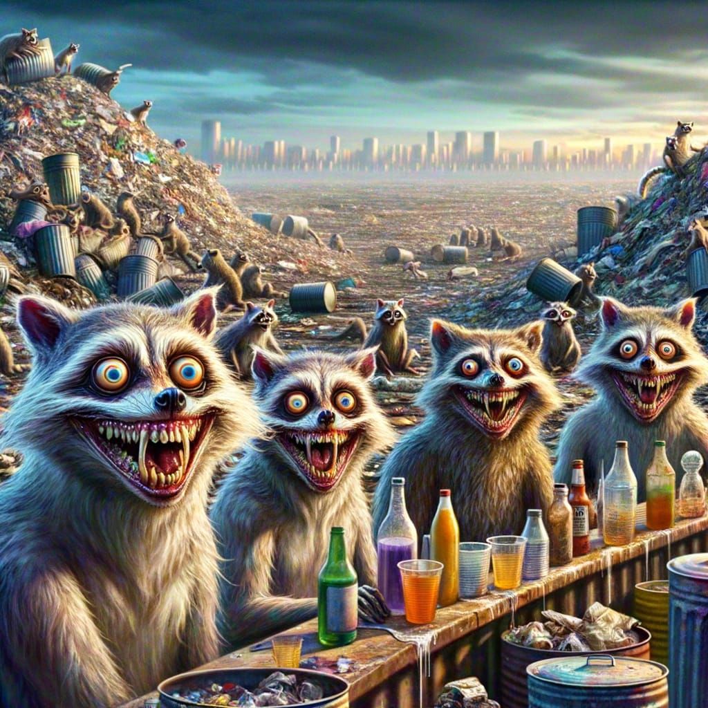 Eerie Landfill Panorama with Unsettling Raccoon Family