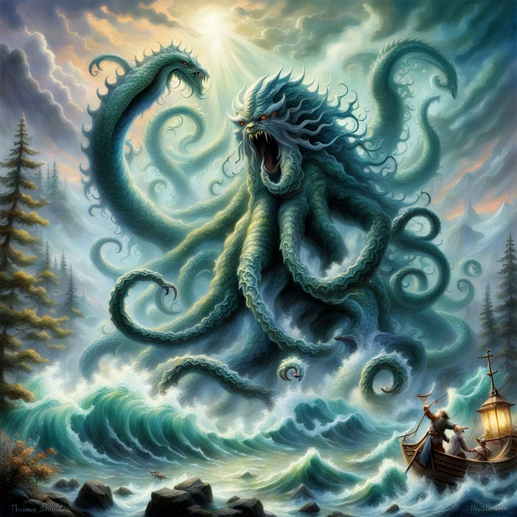 Odin Battles Kraken in Ethereal Fantasy Style