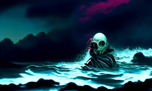 Synthwave Horror: Death Emerges from Neon Ocean