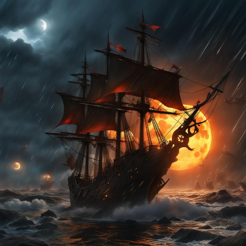 Pirate Ships Battle Under Stormy Moon