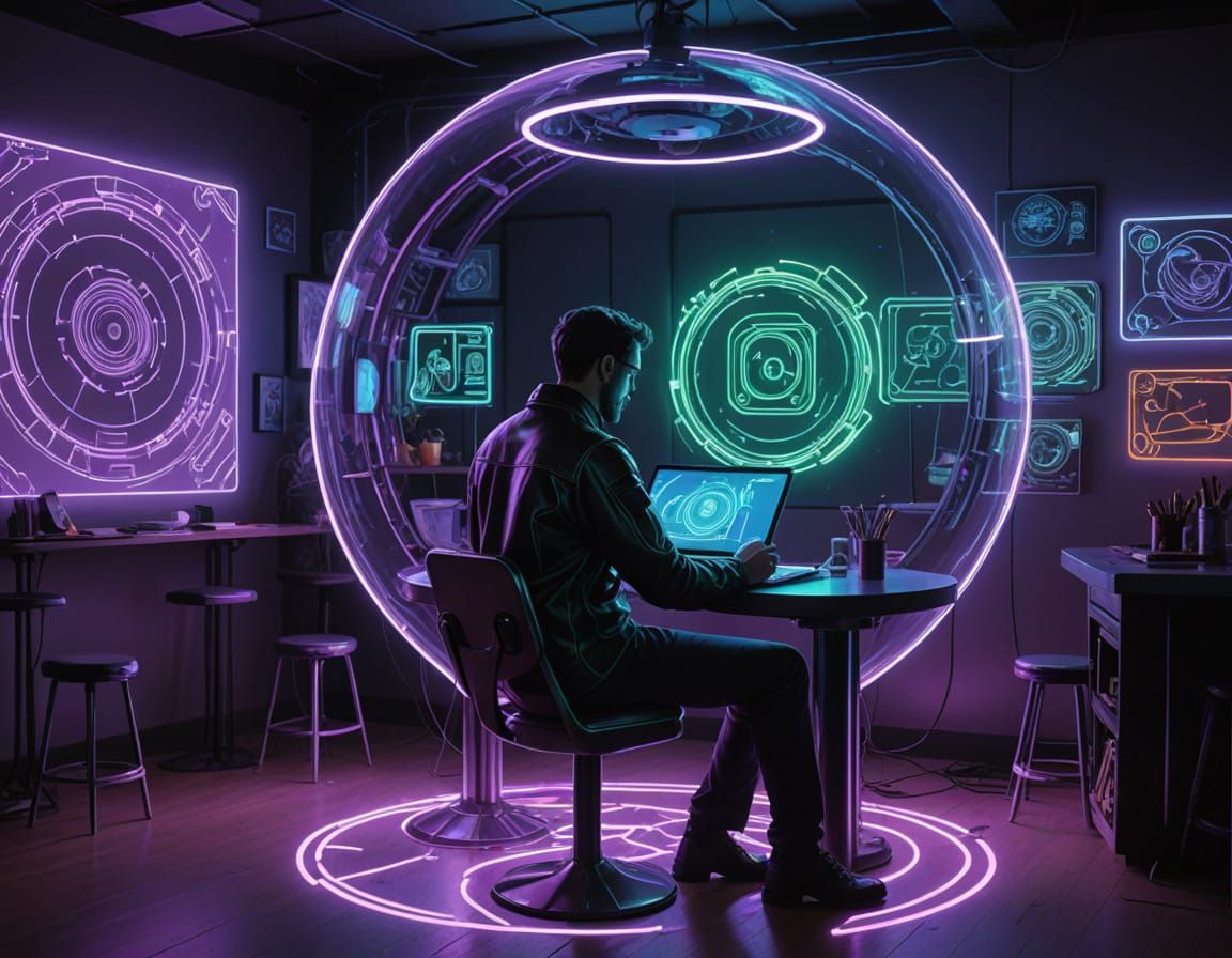 Cozy Futuristic Art Studio Scene in Neon-Lit Cyberpunk Style