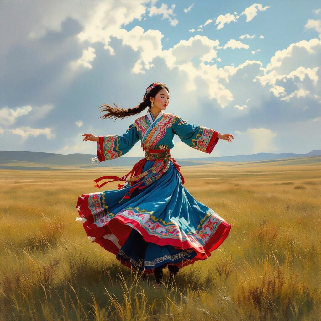 Mongolian Dancer in Windswept Steppe