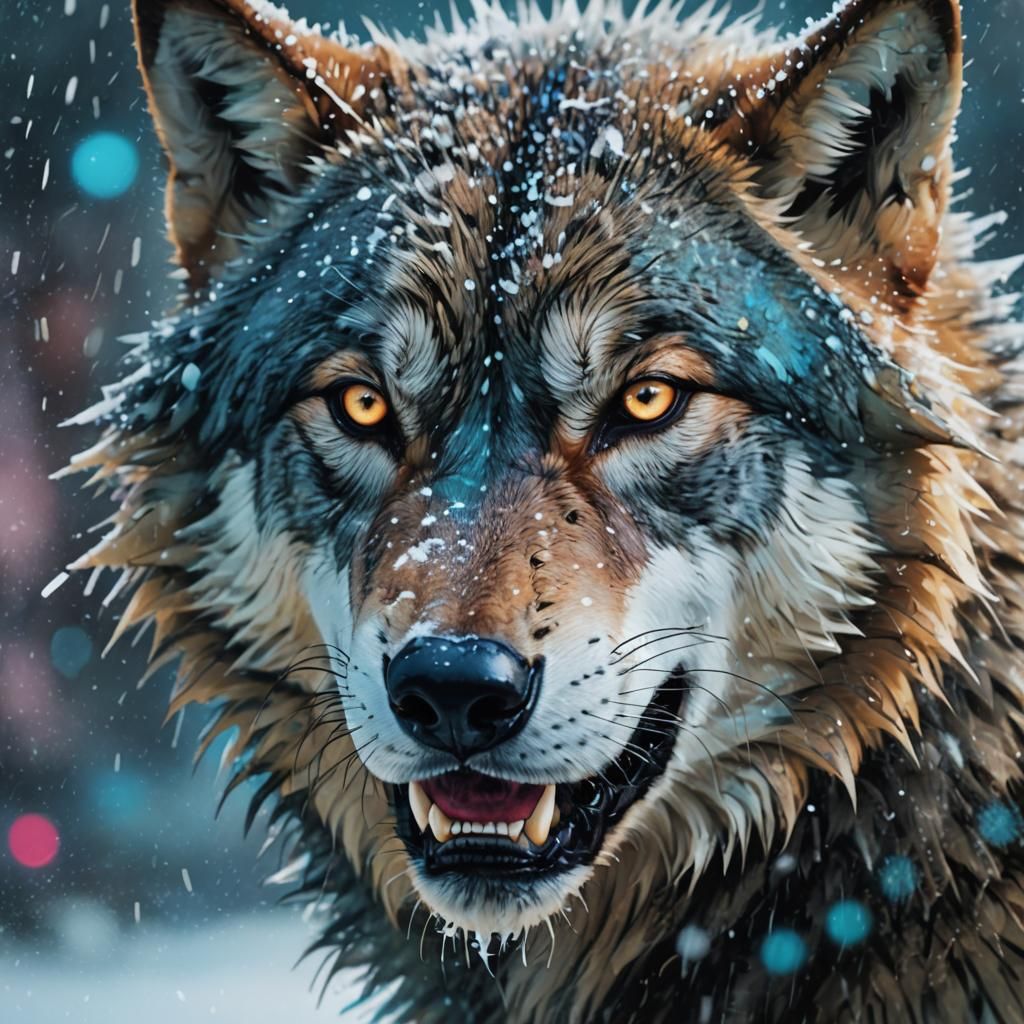 Fauvist Wolf Growling in Neon Snowstorm