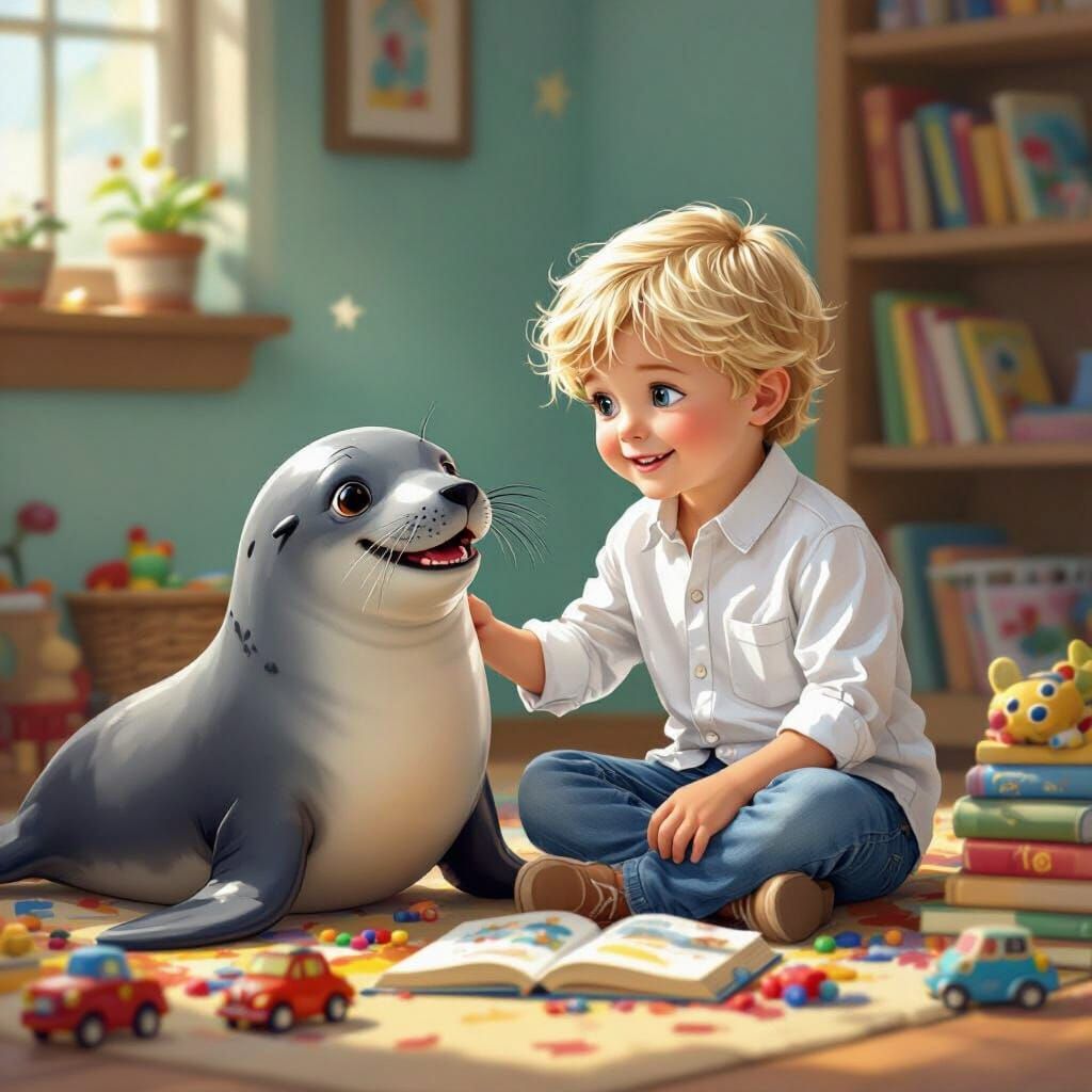 Boy and Sealion Tidy Room, Whimsical Illustration