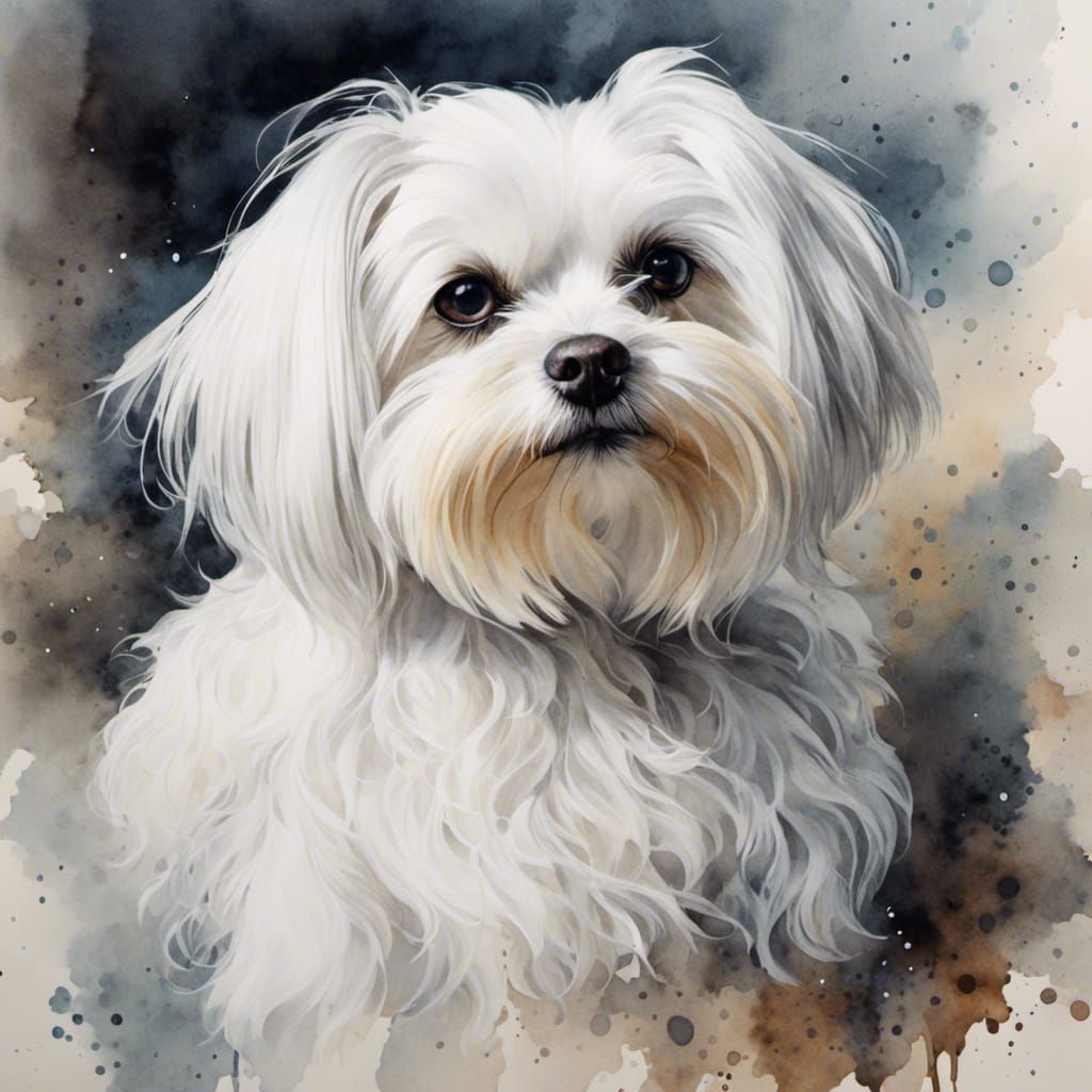 Watercolor Portrait of Maltese Dog with Hyperreal Details