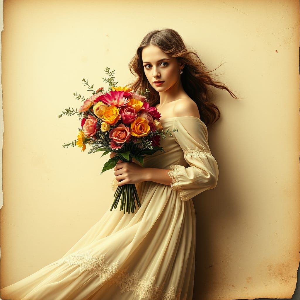 Vintage Woman Emerges with Flowers in Sepia Tones