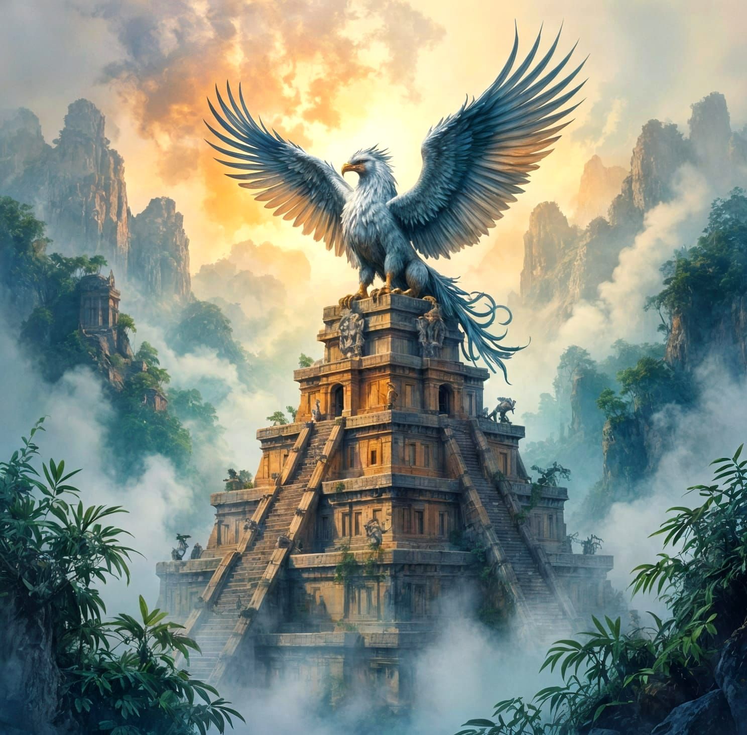 Majestic Griffin on Ziggurat in Misty Jungle