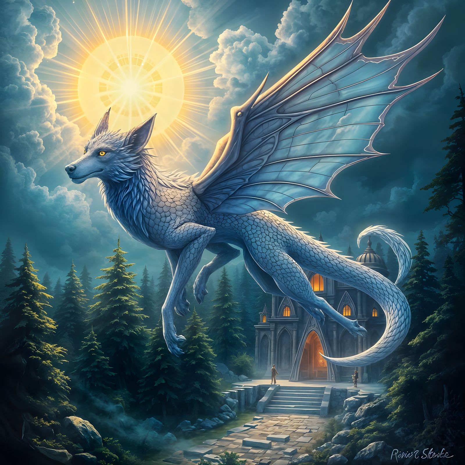 Celestial Wolf-Dragon Descending, Fantasy Art Nouveau