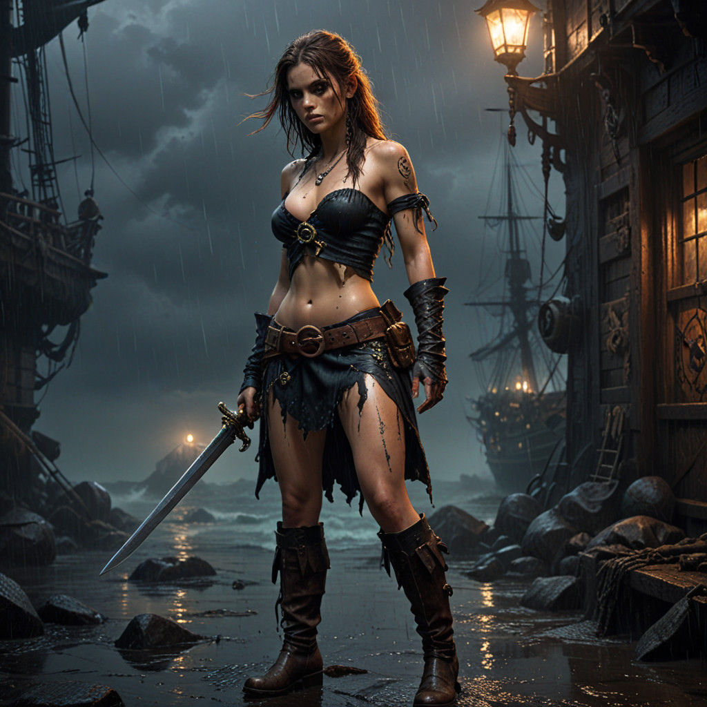 Dark Fantasy Pirate Maiden Revealed in Rainy Shadows