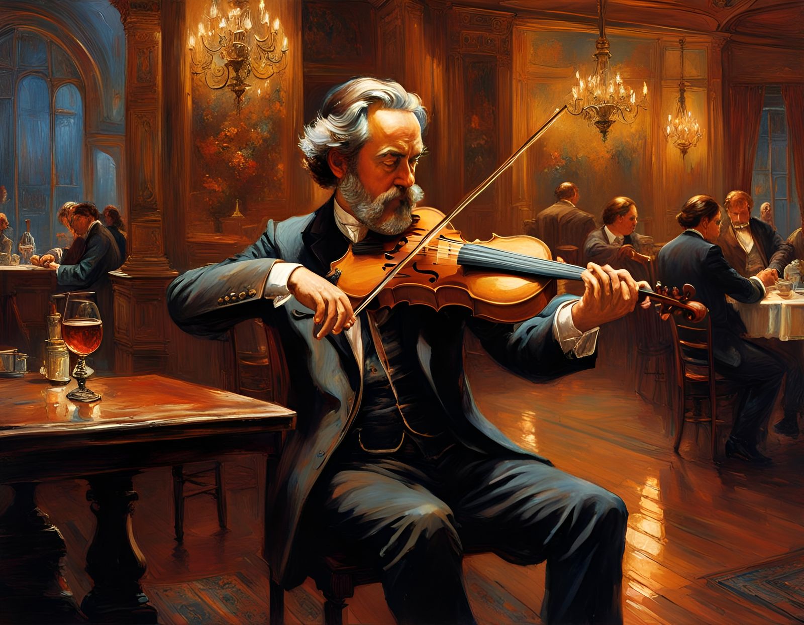 Hungarian Violinist in Restaurant, Oil Painting Style