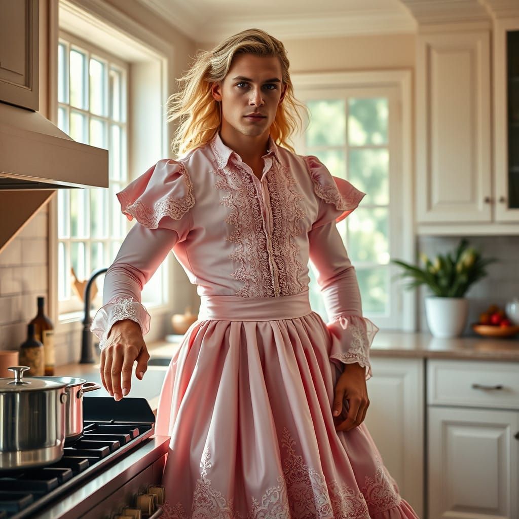 Chiseled Gentleman in Pastel Pink A-Line Frock, Cooking in a...
