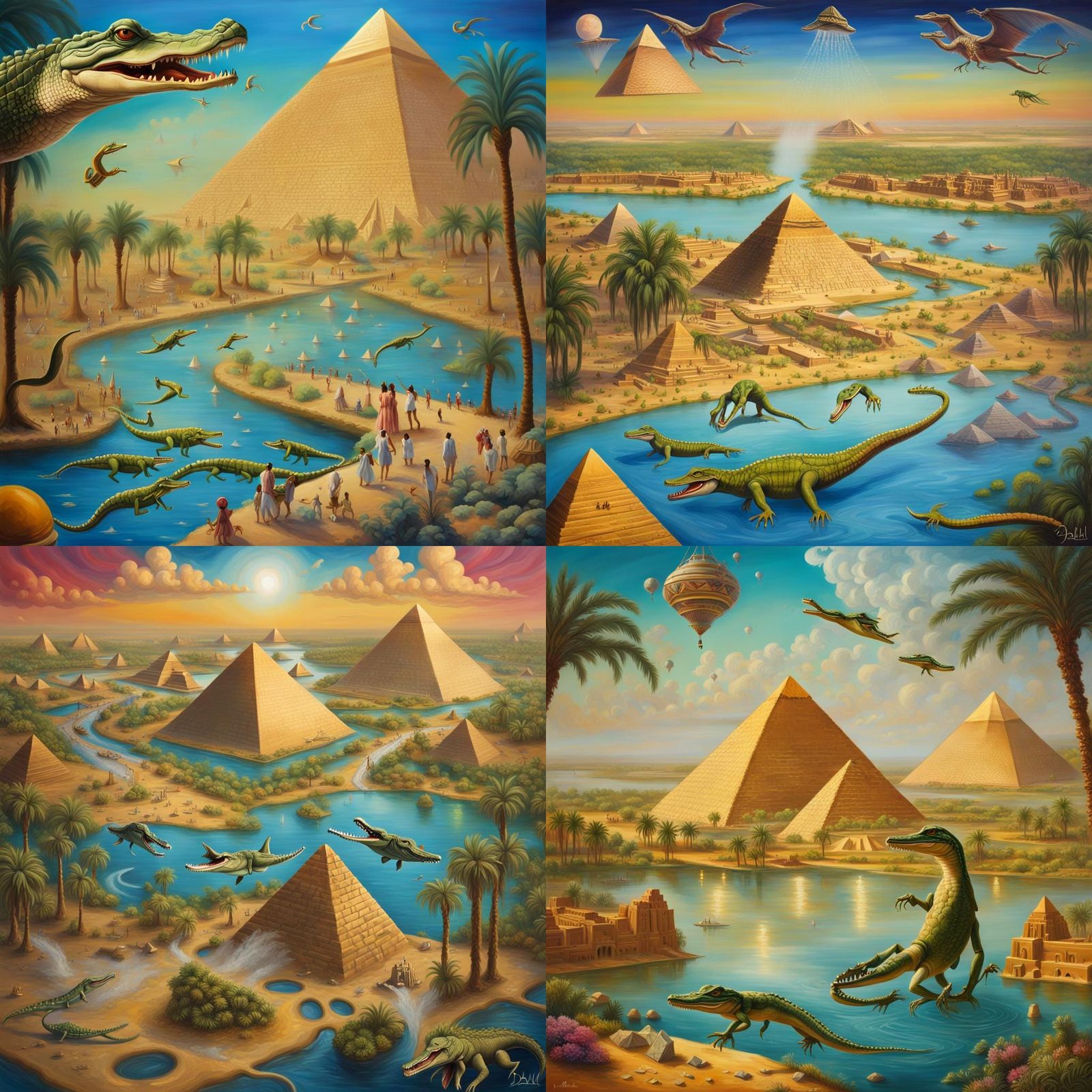 Surreal Nile River Scene with Pyramids and UFOs