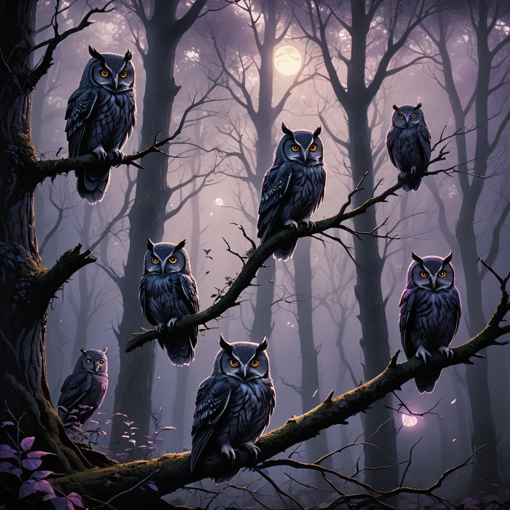 Ominous Owls Watching a Cat in Moonlit Forest