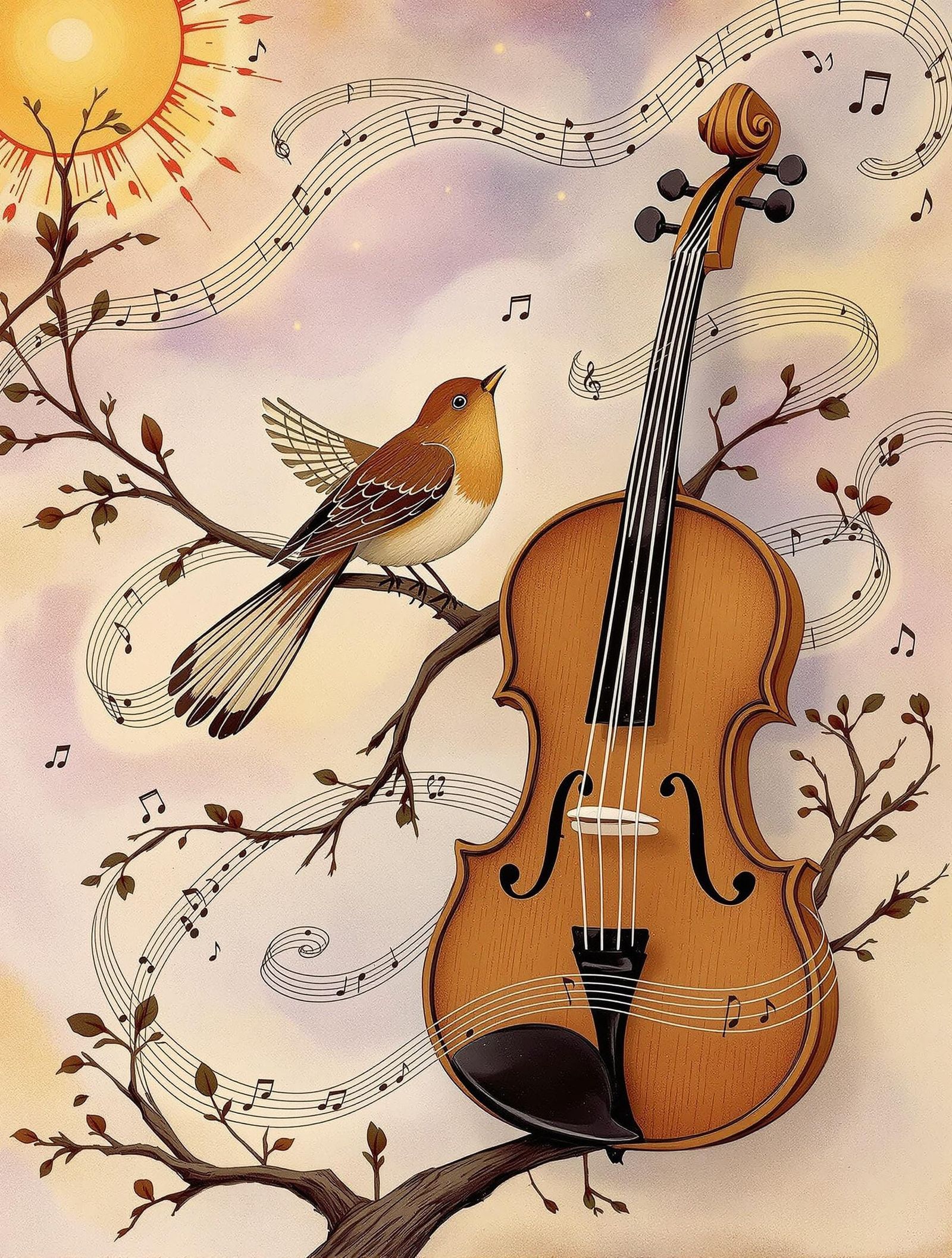 Whimsical Bird Plays Melody of Remembrance Amidst Floral Har...