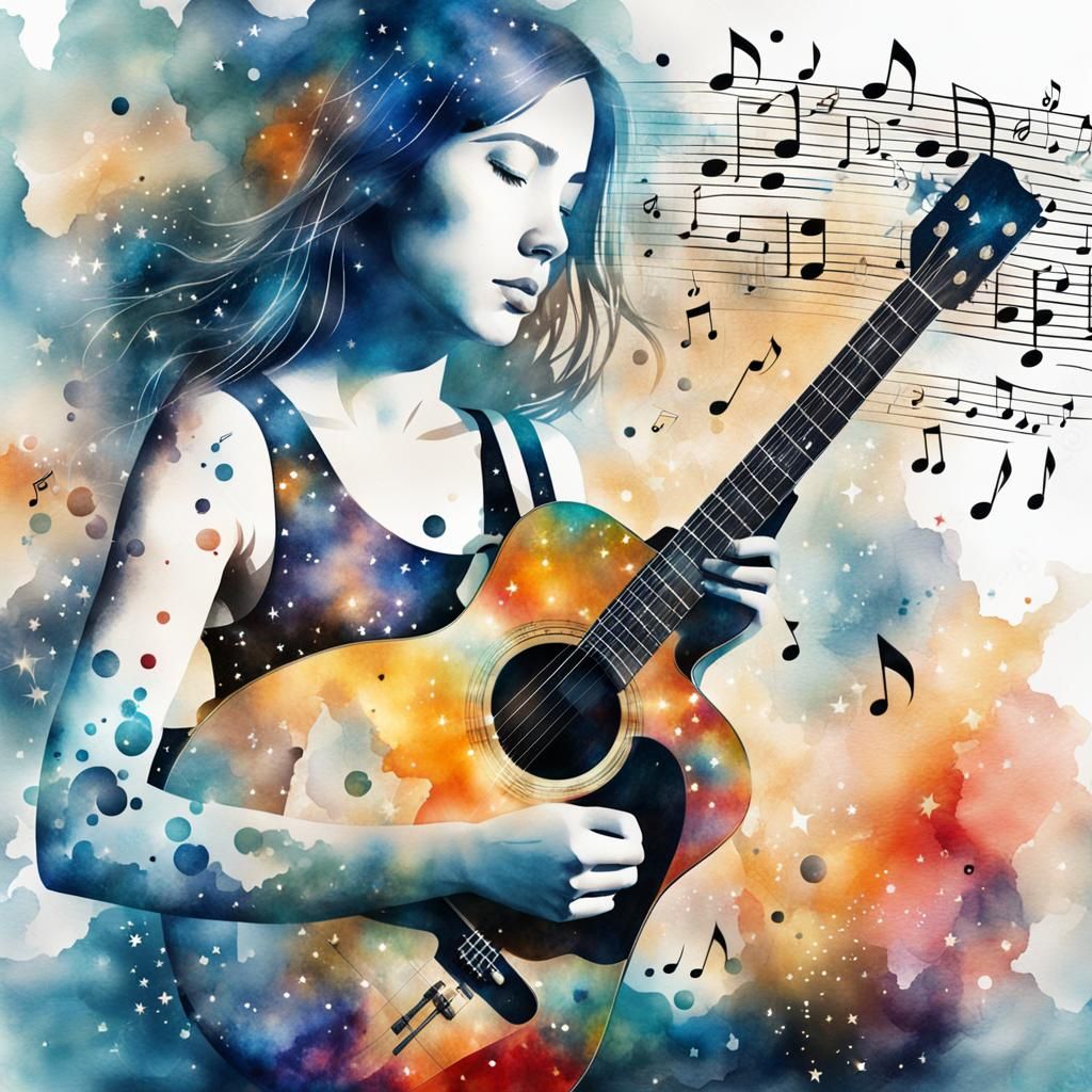 Watercolor Portrait: Girl with Guitar, Double Exposure