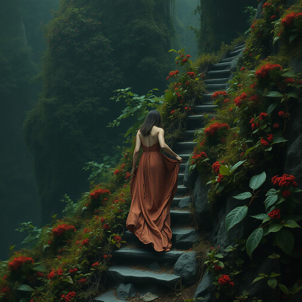 Lone Woman Descending Slope: Matte Painting