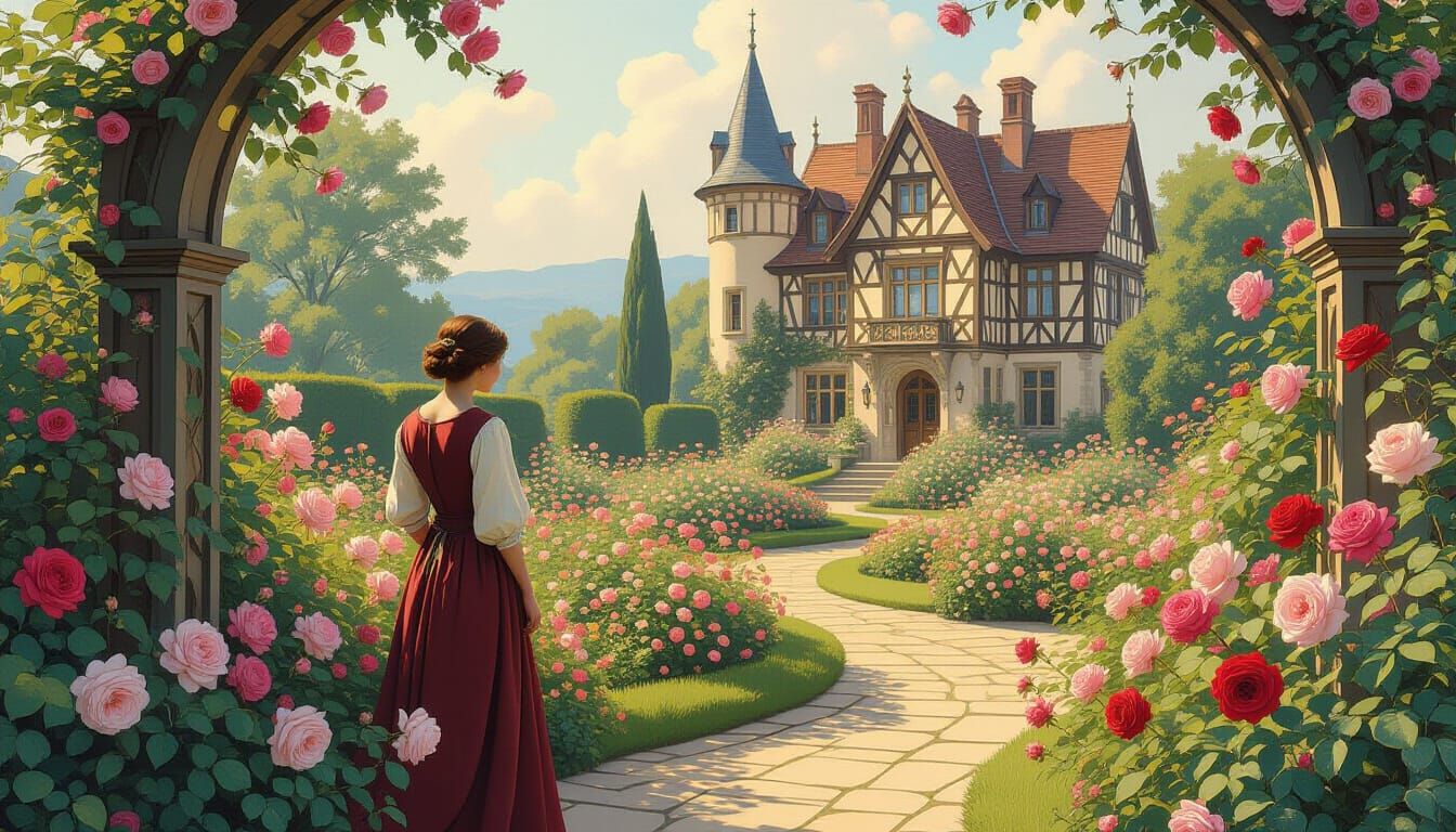 Medieval Manor Garden in Art Nouveau Style