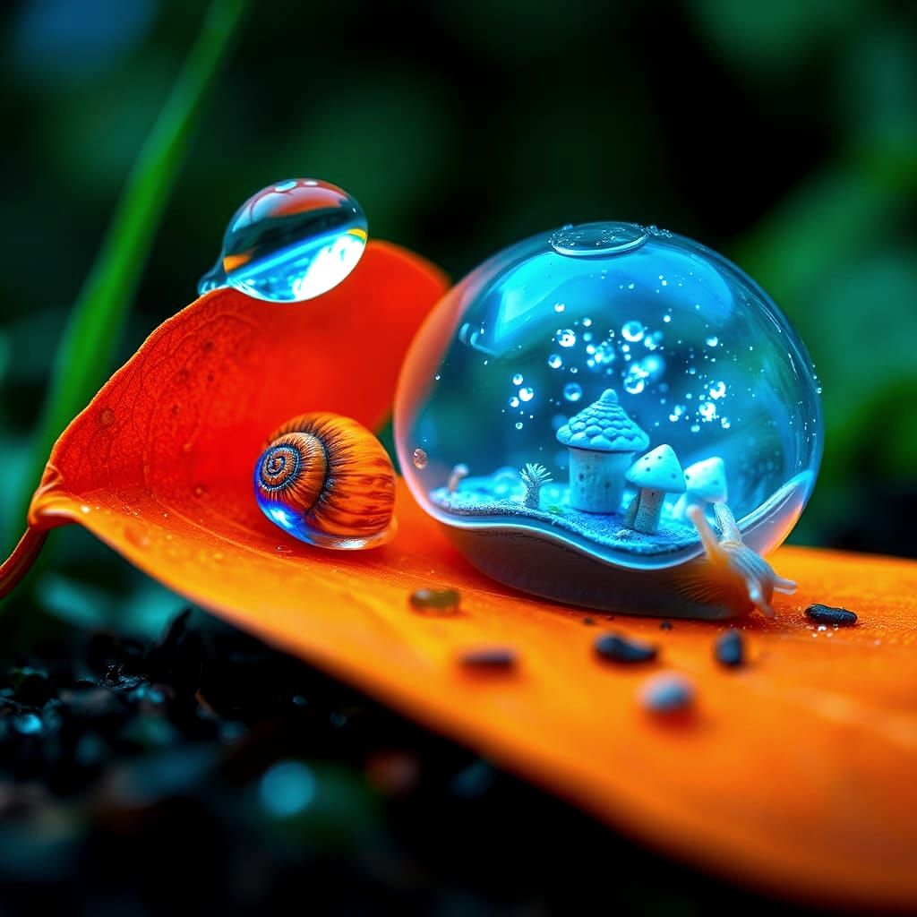 Surreal Forest Reflected in a Wet Orange Leaf as a Fluoresce...