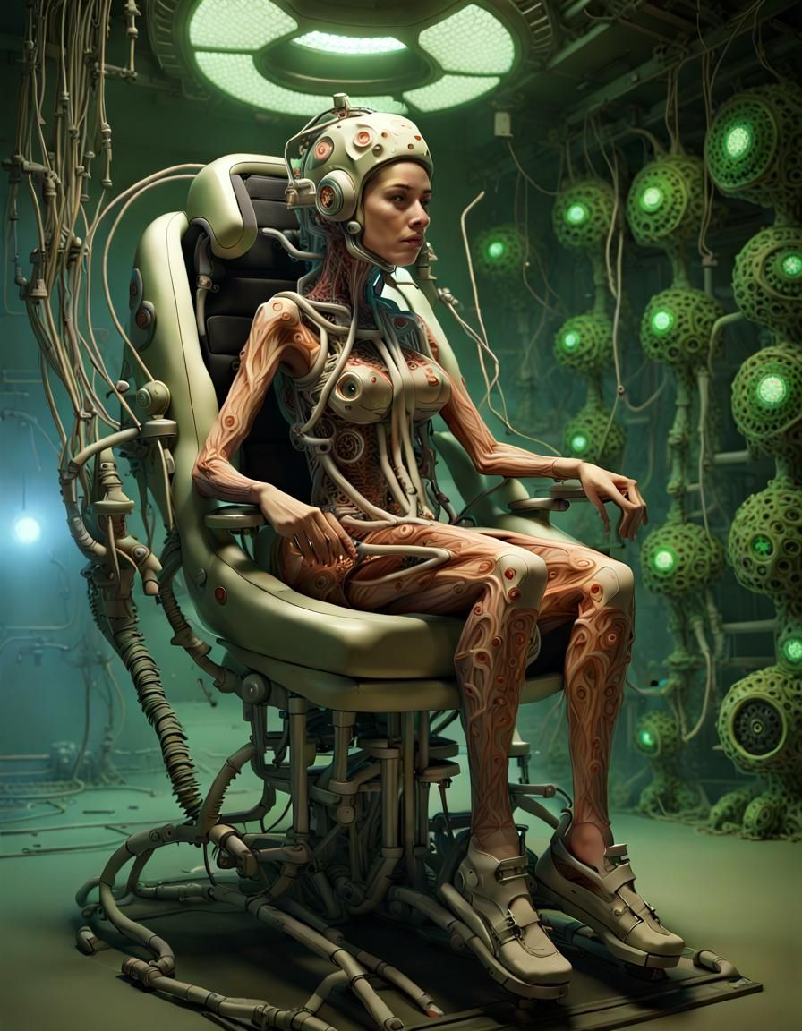 A woman sitting in a complex mechanical chair. She is wearing an organic spore bodysuit with tendrils linking to the cha...