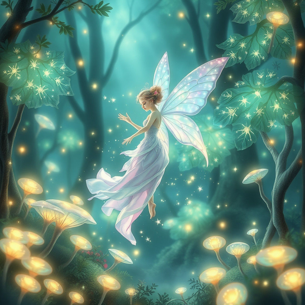Ethereal Fairy in Mystical Bioluminescent Forest