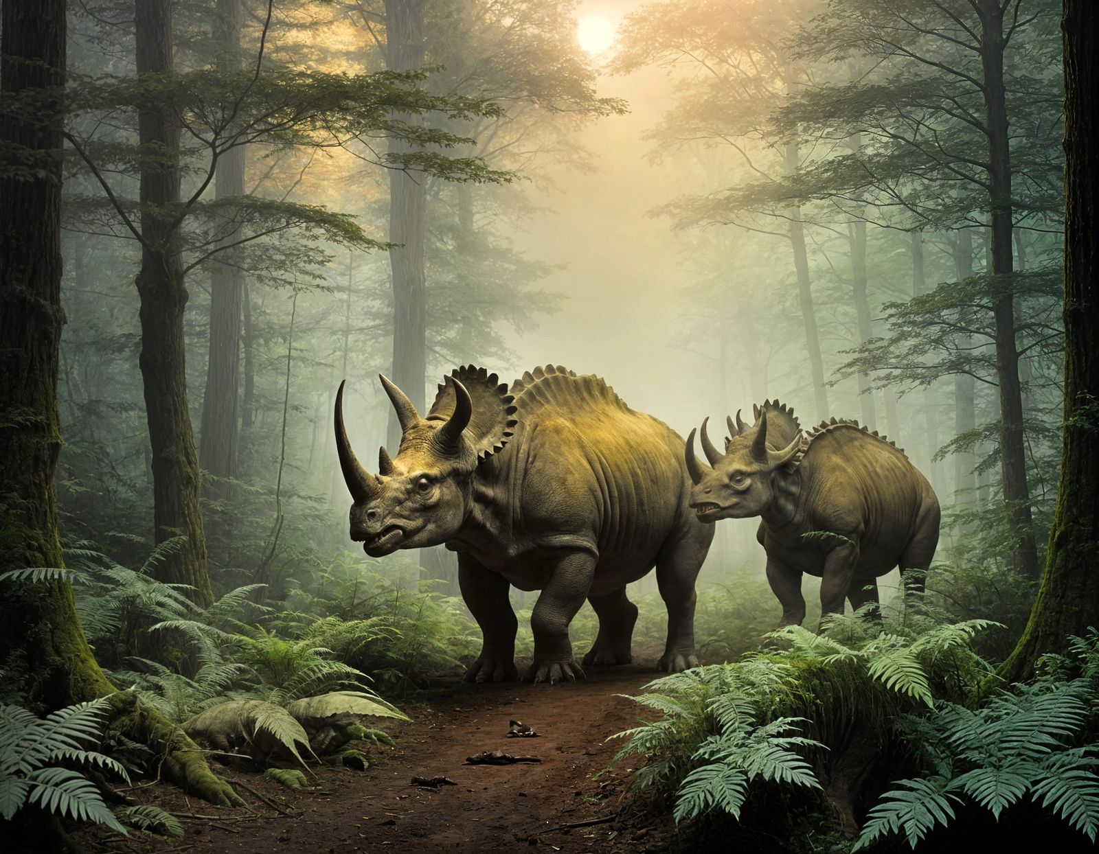 Prehistoric Triceratops Roam Ancient Forest Landscape