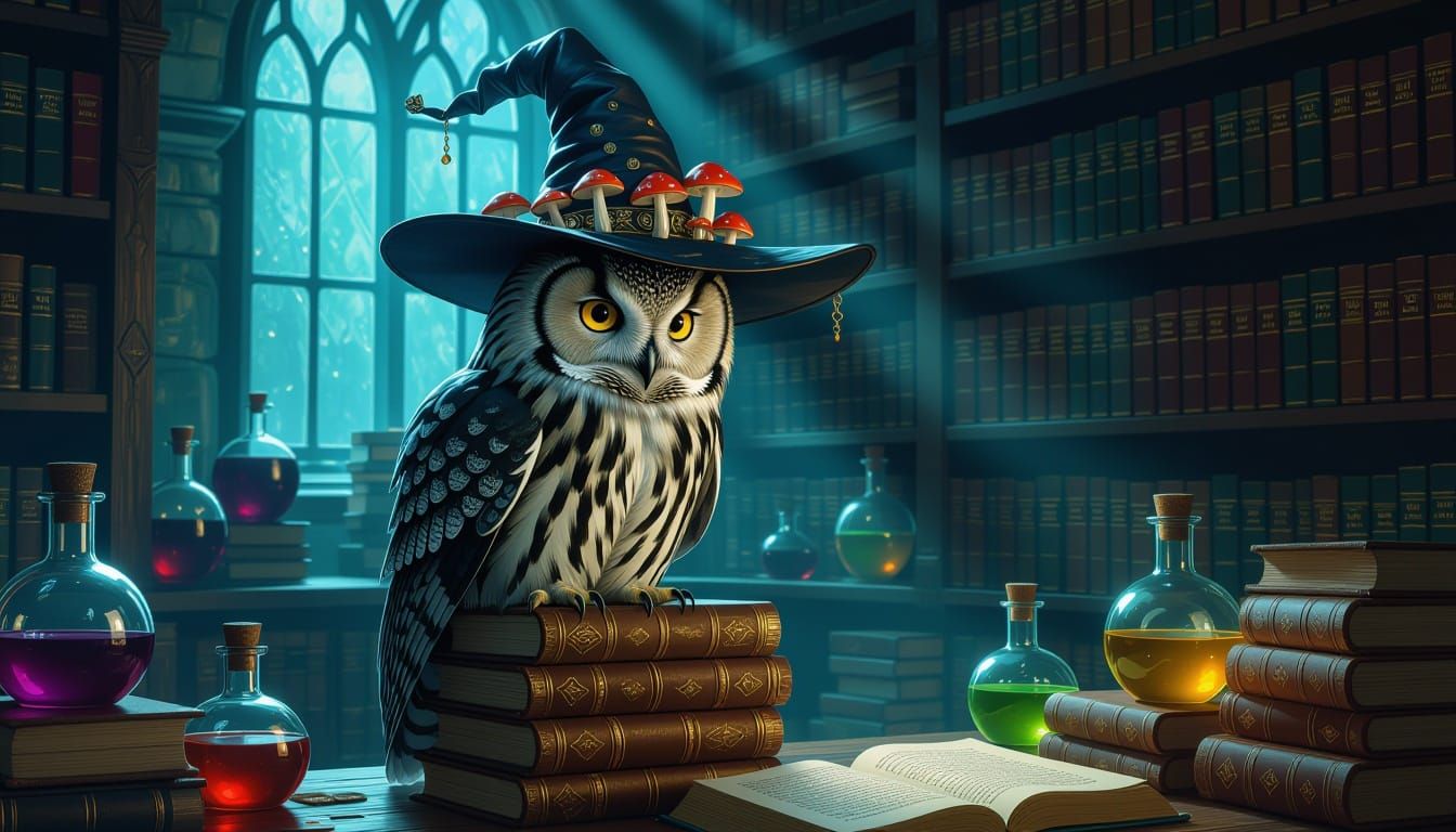 Wise Owl Witch in Spellbook Study