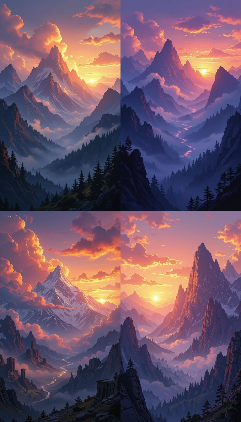 Fantasy Sunset Over Mystical Mountains
