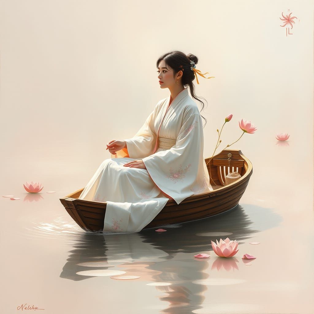 Serenely Adorned Hanfu Maiden in Dreamy Lake Scene