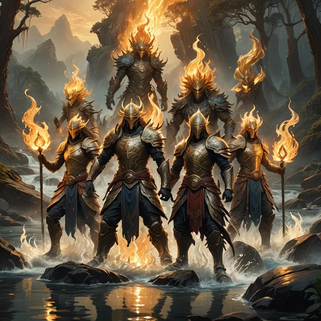 Harmonious Elemental Warriors in Golden Light
