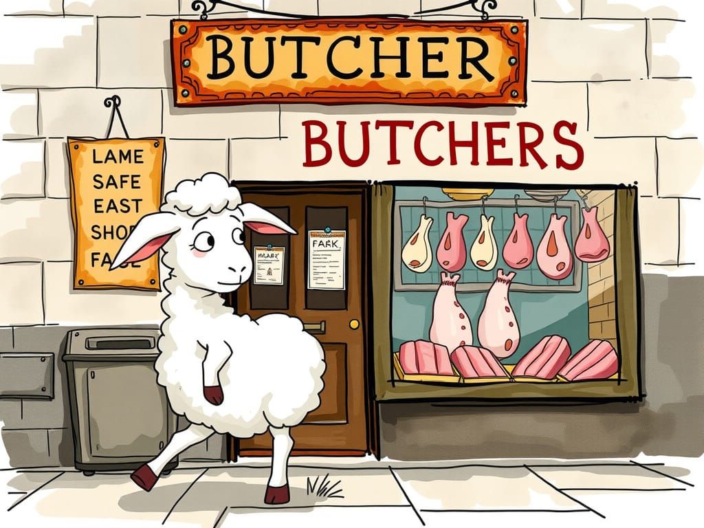 Nervous Cartoon Lamb Approaches Butcher Shop Window