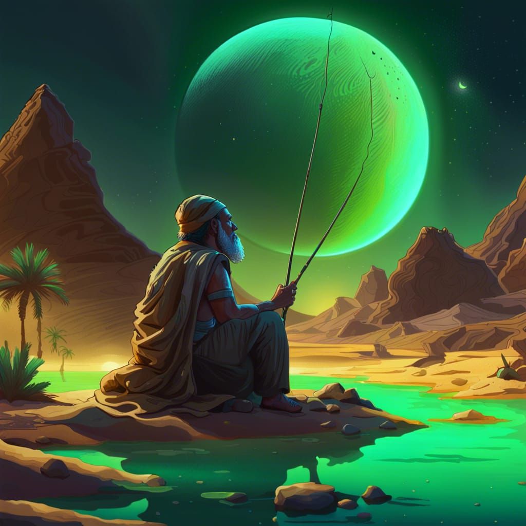 Egyptian Desert Night on Ringed Planet in Neon Colors