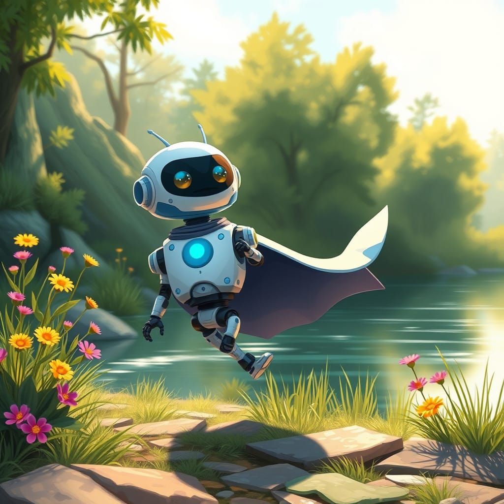 Whimsical Robot Strolling by a Serene River
