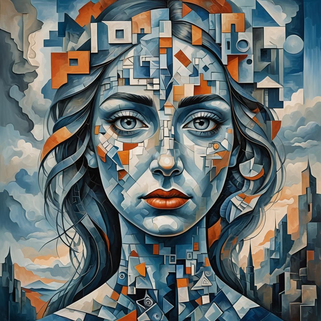 Surreal Cubist Portrait in a Fantastical Landscape