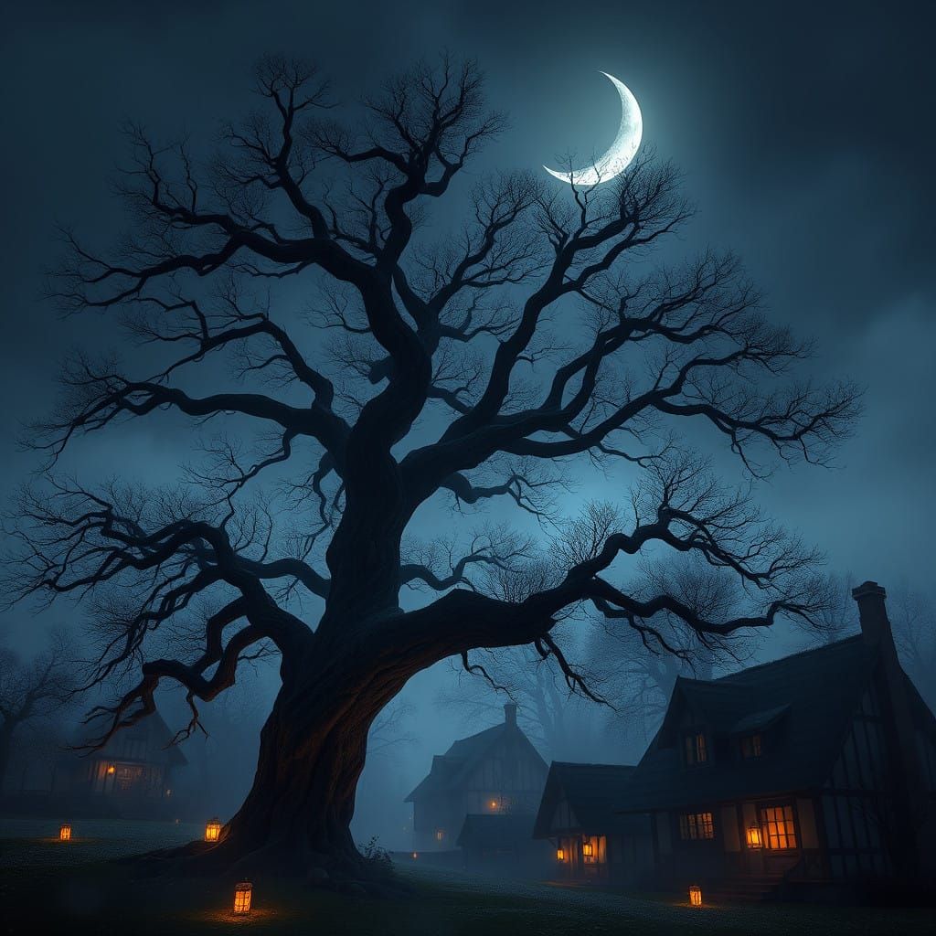 Ethereal Limewood Tree Under Crescent Moonlit Fog