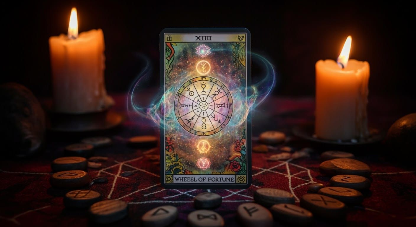 Mystical Wheel of Fortune Tarot Card Illuminated with Ethere...