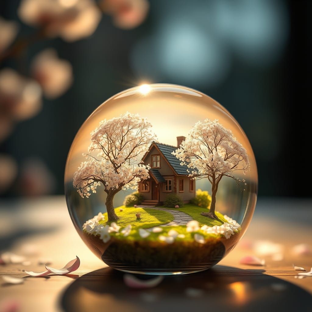 Cottage and Blossoms in Glass Paperweight