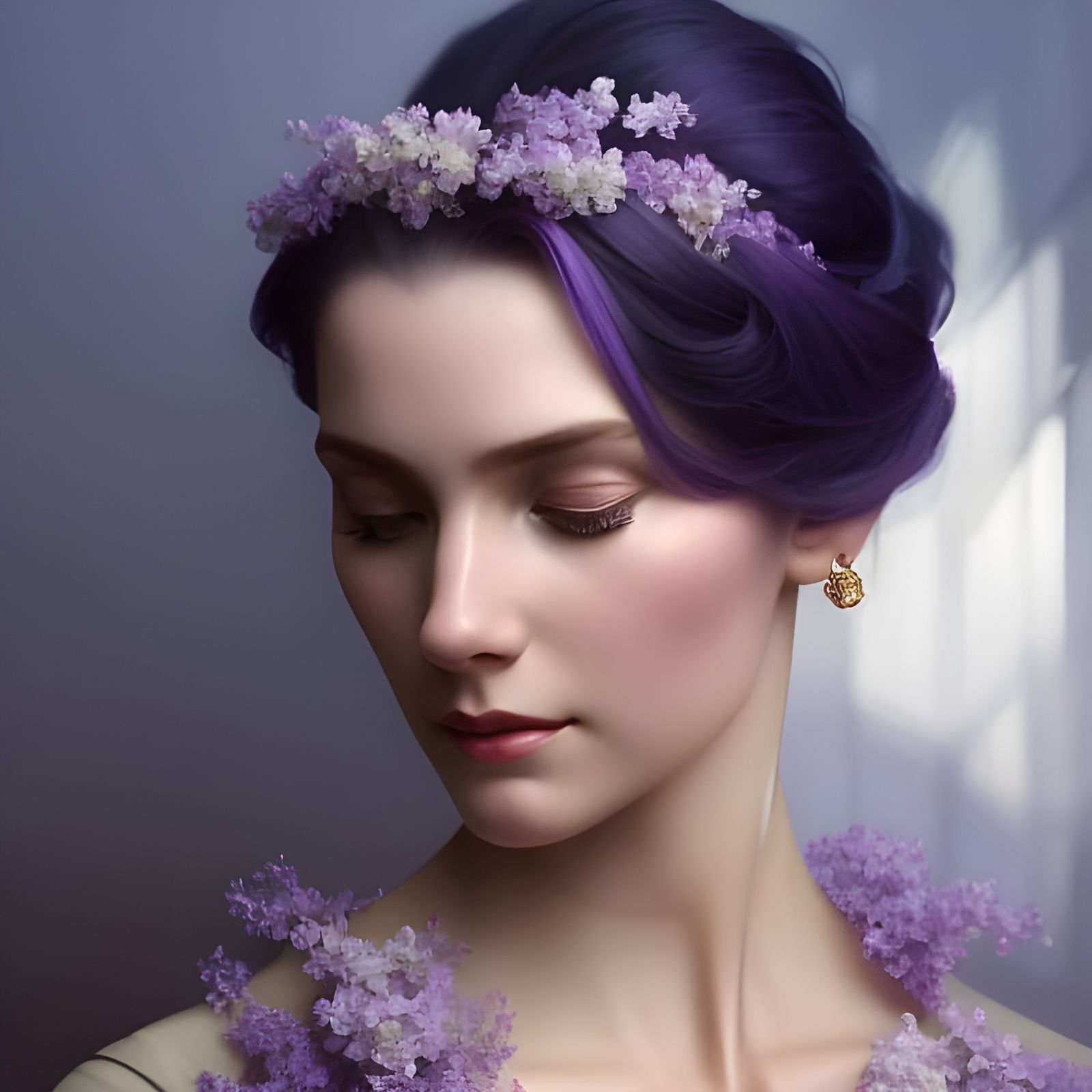 Lilac Adorned Woman: Hyperdetailed Art Nouveau Portrait