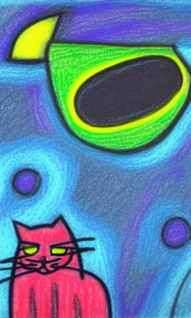Annoyed Cat Piloting Spaceship in Oil Pastel