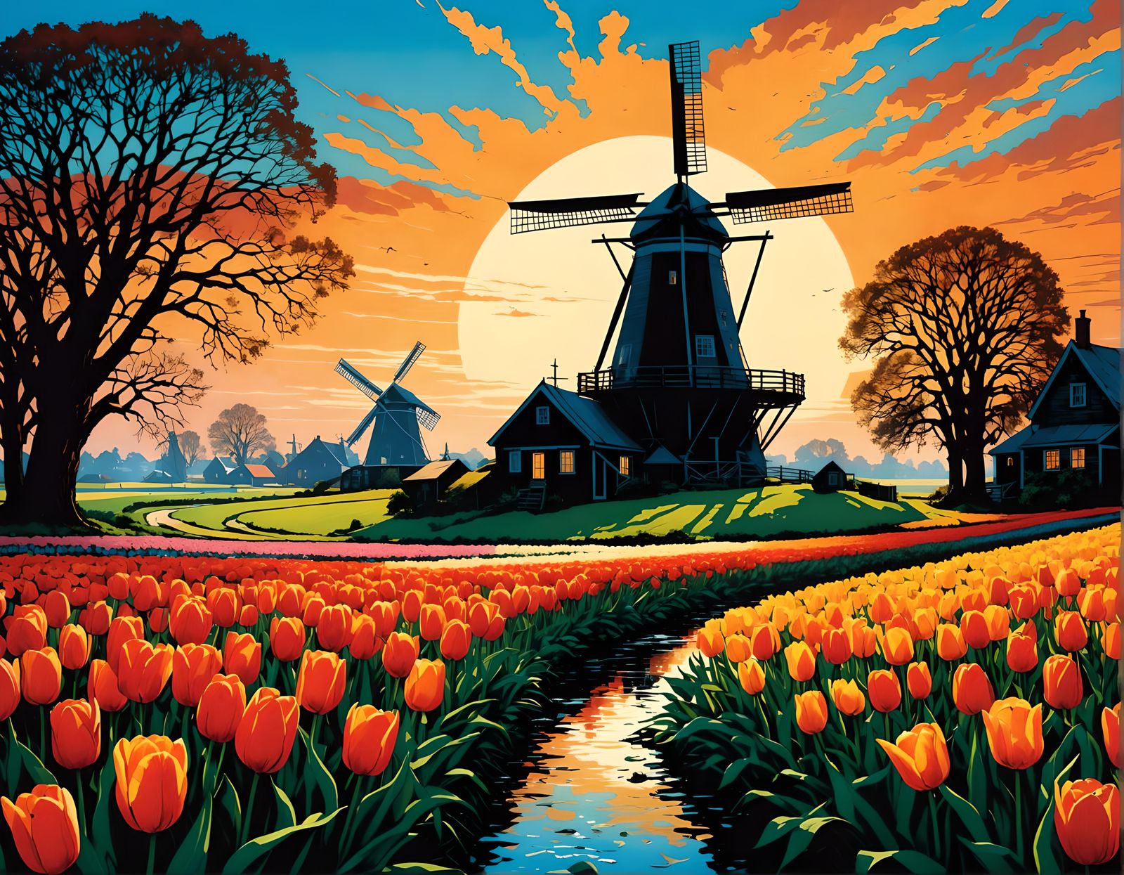 A colorful view of tulips :: background a silhouette of Holl...