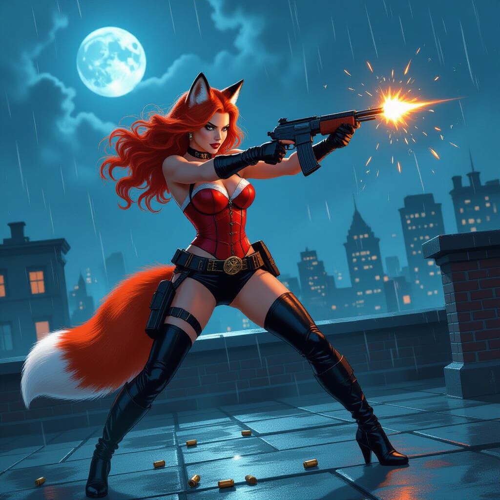 Film Noir Woman Battles Thugs on Rooftop